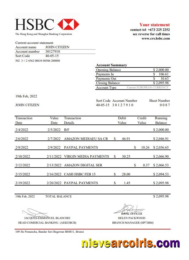Brunei HSBC bank statement